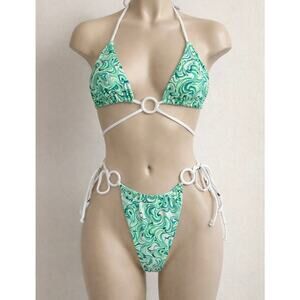 VDM Reversible Bikini Set Size S Polka Dot Green Swirl Tie String